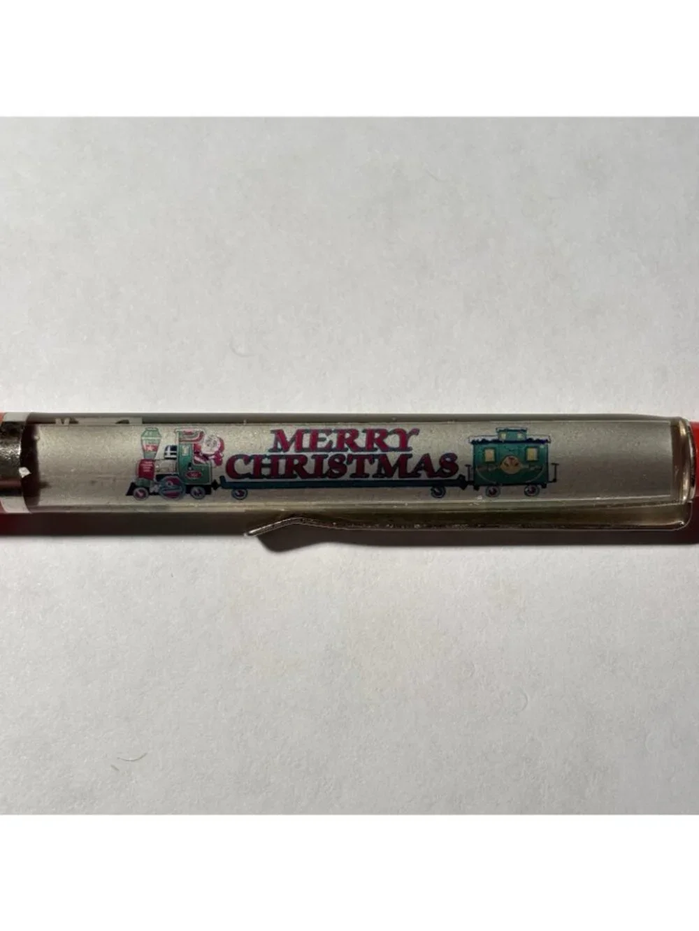 Merry Christmas Floaty Pen Santa Claus Train Moves Snowy Town Vintage Holiday
